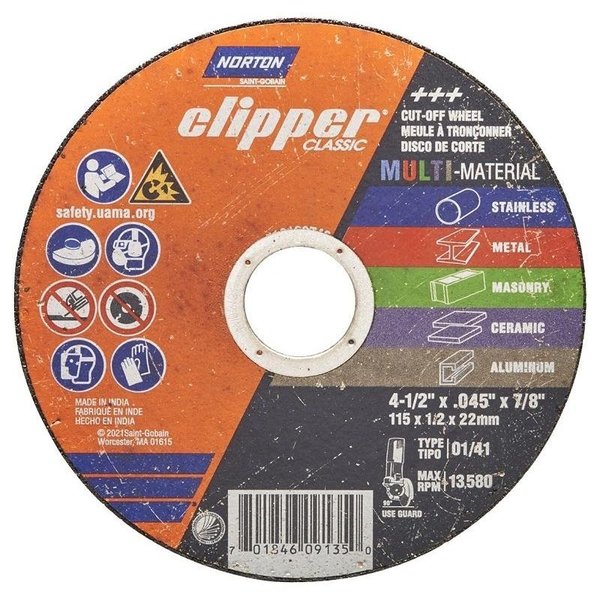 Norton Clipper Clipper Classic AC AOSC Series Cutoff Wheel, 412 in Dia, 0045 in Thick, 78 in Arbor 70184609135